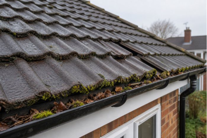 Roof tiles and gutters showing moss, leaves, and early signs of roof maintenance issues